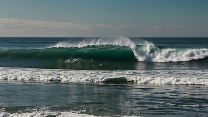 Naklejka premium A beach bustling with surfers catching the perfect wave at high tide ai_generated
