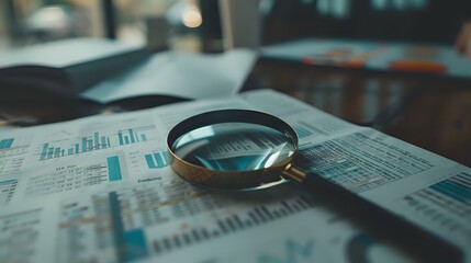 Fototapeta premium Financial Analyst examining documents with a magnifying glass on office desk