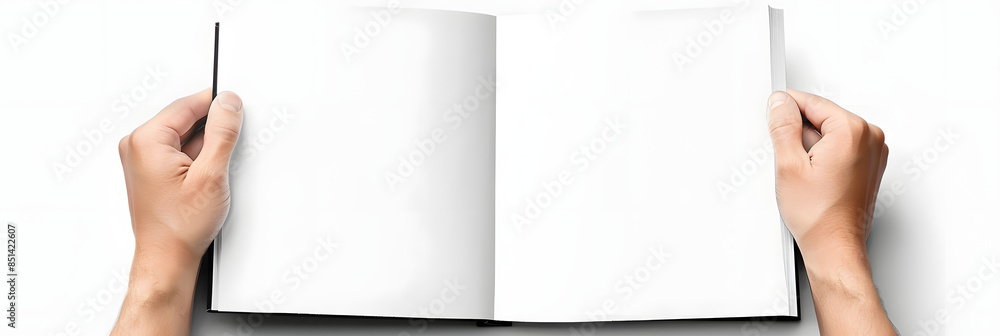 Canvas Prints A5 open book mockup held by hands showcasing a blank page for design isolated on a white background providing copy space image