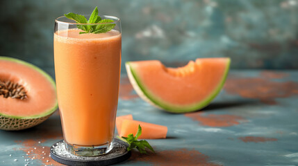 Glass of tasty melon smoothie with mint