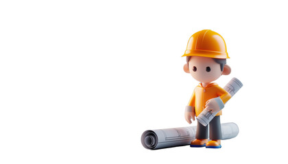 3D character of construction worker in orange uniform and helmet, holding blueprints. Perfect for engineering, architecture, and building themes.