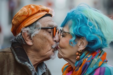 An elderly couple shares a loving kiss while dressed in funny clothes and sporting colorful hair