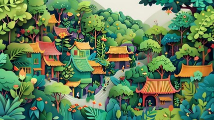 Villagers in serene green landscape with wooden houses