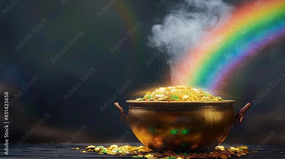 Wall mural A steaming pot of gold with a rainbow on a transparent background - Wall murals