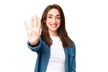 Young caucasian woman over isolated chroma key background happy and counting four with fingers