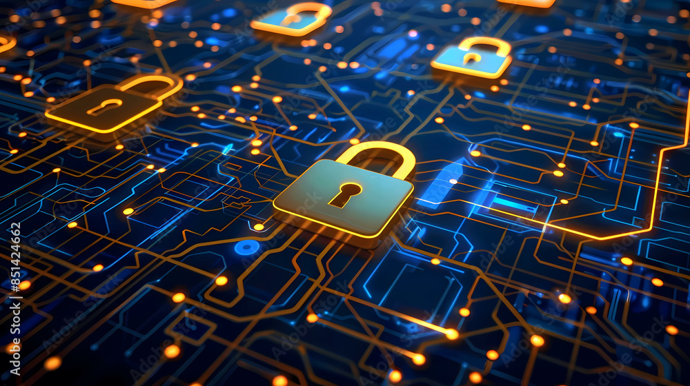 Poster network security key locked in digital age concept of protection in cyber world safe from hacker wit
