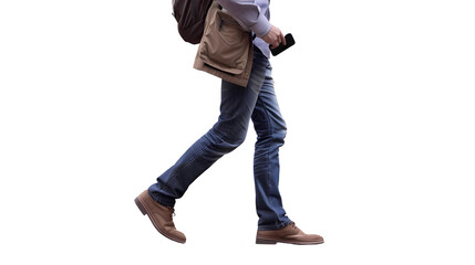 Actor walking, wearing a suit, holding a mobile phone and a pocket book, on transparency background, PNG.