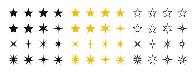 Stars collection. Star vector icons. Golden, Black, Line set of Stars, isolated on transparent background. Stars icon. Vector