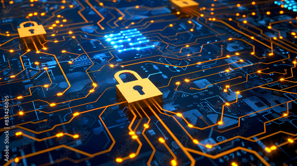 Poster network security key locked in digital age concept of protection in cyber world safe from hacker wit
