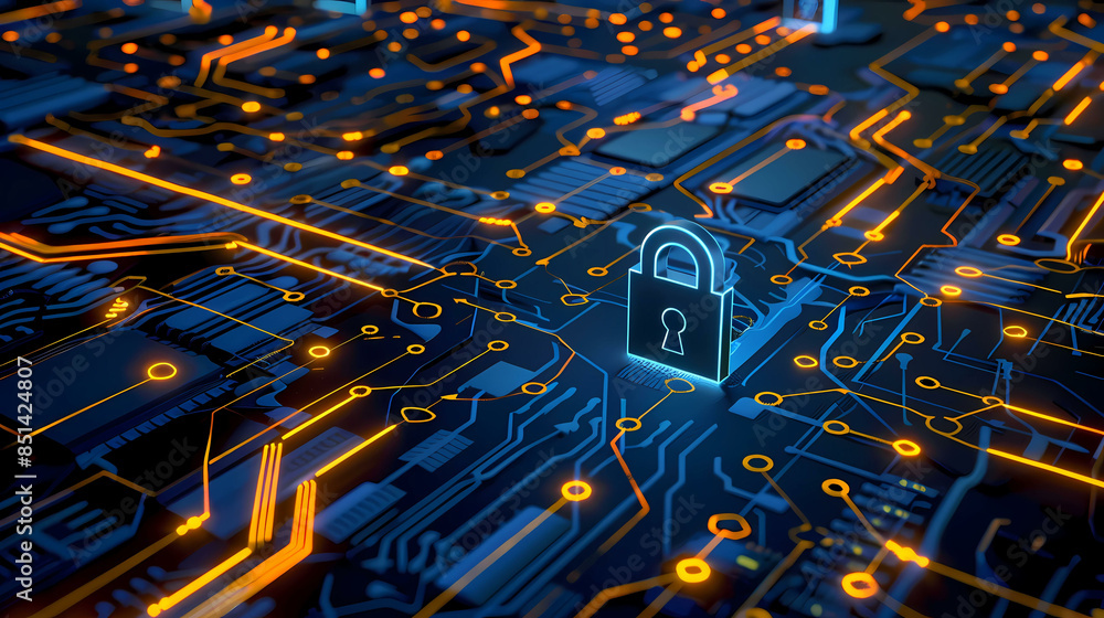 Poster network security key locked in digital age concept of protection in cyber world safe from hacker wit