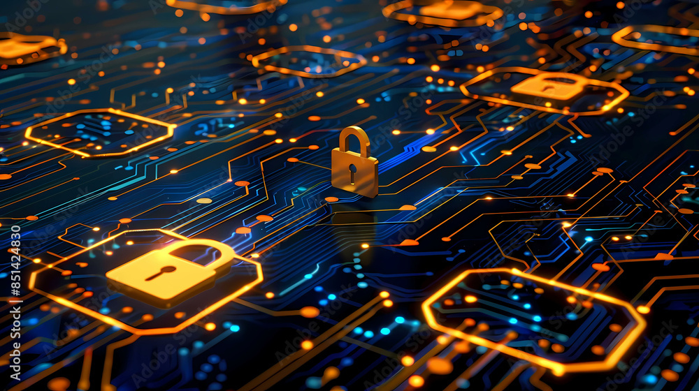 Poster network security key locked in digital age concept of protection in cyber world safe from hacker wit