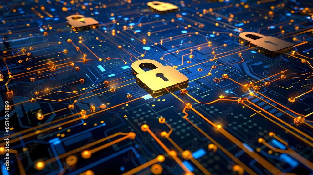 Poster network security key locked in digital age concept of protection in cyber world safe from hacker wit