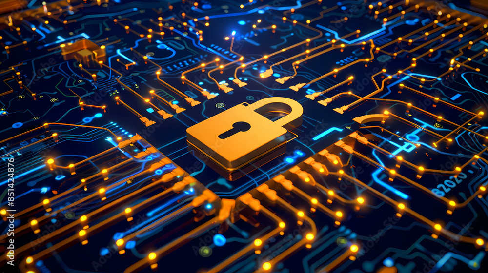Poster network security key locked in digital age concept of protection in cyber world safe from hacker wit