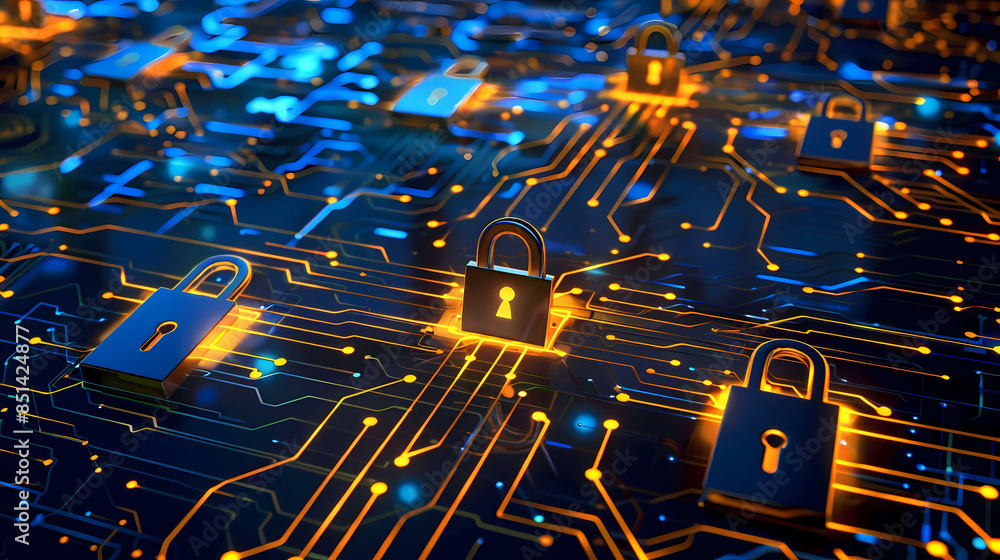 Poster network security key locked in digital age concept of protection in cyber world safe from hacker wit