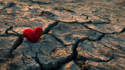 Red heart on dry cracked ground