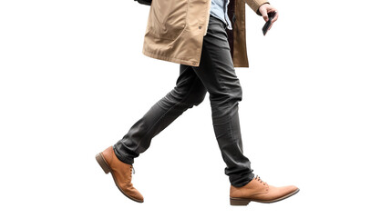 Naklejka premium Auditor walking, wearing a suit, holding a mobile phone and a pocket book, on transparency background, PNG.