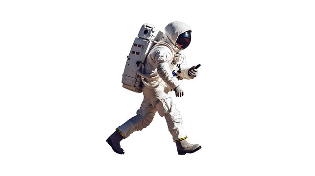 Astronaut walking, wearing a suit, holding a mobile phone and a pocket book, on transparency background, PNG.