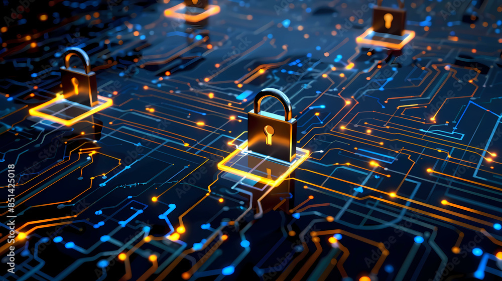 Poster network security key locked in digital age concept of protection in cyber world safe from hacker wit