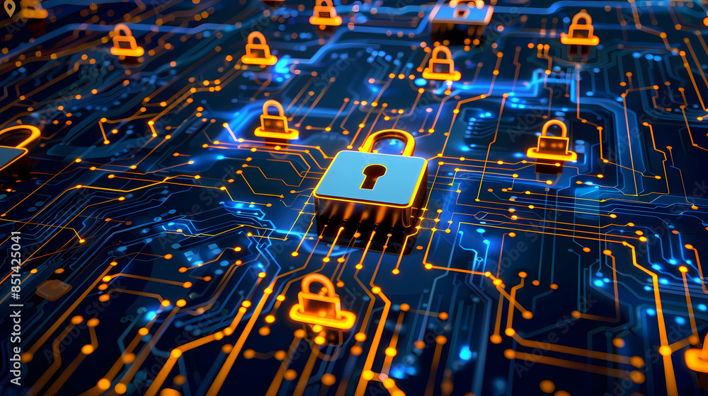 Poster network security key locked in digital age concept of protection in cyber world safe from hacker wit