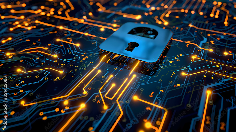 Poster network security key locked in digital age concept of protection in cyber world safe from hacker wit