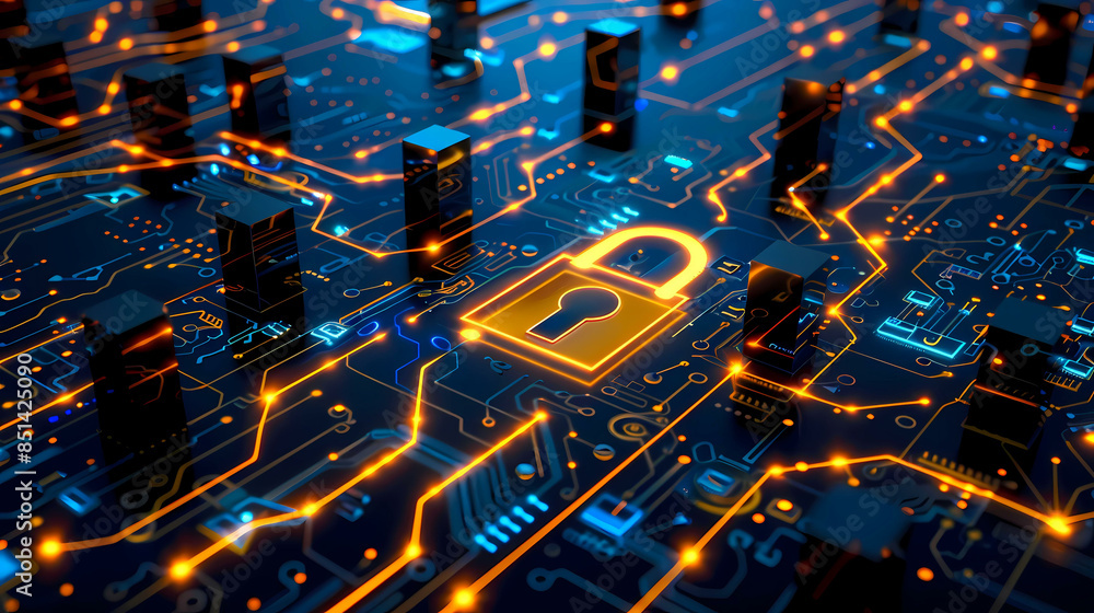 Poster network security key locked in digital age concept of protection in cyber world safe from hacker wit