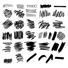 set of black brush strokes and doodles on a white background, featuring abstract lines, shapes