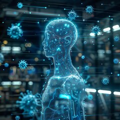Digital hologram showing germs infiltrating human tissue in blue neon lights tech interface