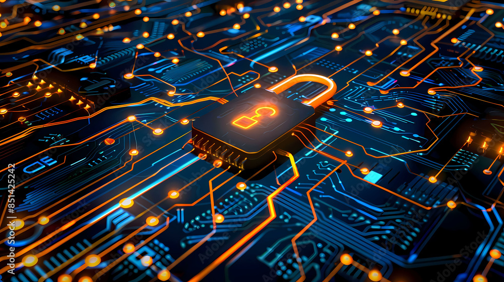 Poster network security key locked in digital age concept of protection in cyber world safe from hacker wit