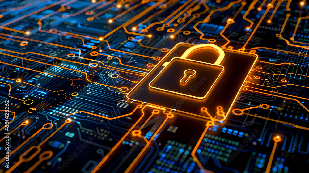 Poster network security key locked in digital age concept of protection in cyber world safe from hacker wit