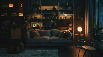 Cozy Living Room with Warm Lighting and Green Plants