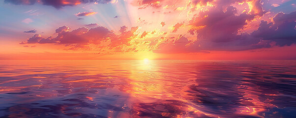 Fototapeta premium A tranquil sunset over a calm ocean, the sky ablaze with hues of orange, pink, and purple.