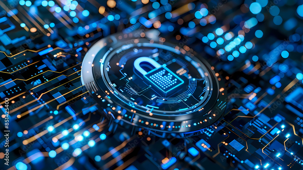 Poster network security key locked in digital age concept of protection in cyber world safe from hacker wit
