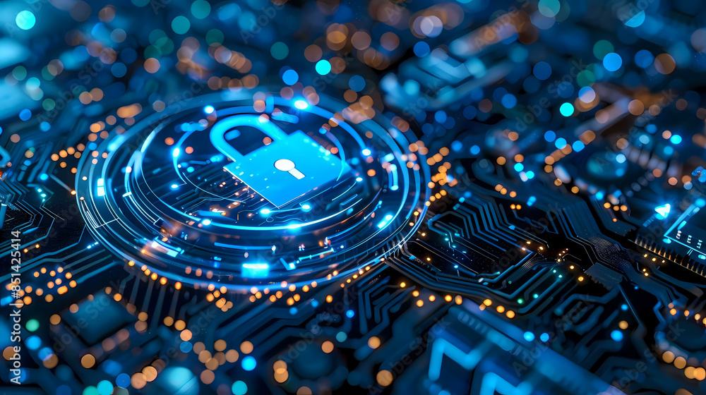 Poster network security key locked in digital age concept of protection in cyber world safe from hacker wit