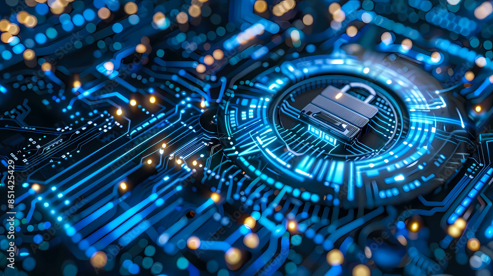 Poster network security key locked in digital age concept of protection in cyber world safe from hacker wit