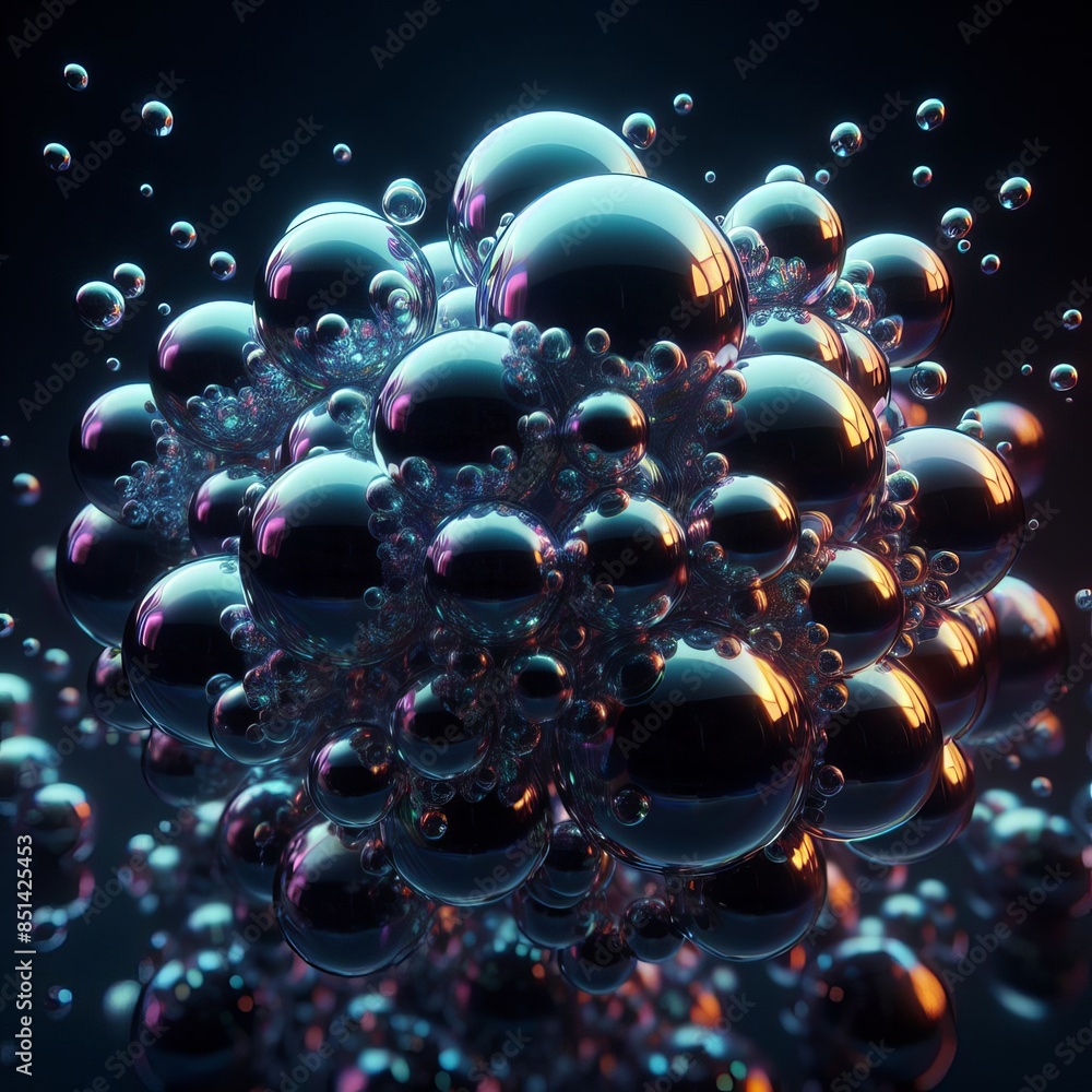 Poster stunning digital artwork featuring a cluster of reflective spheres floating in a dark, mysterious sp