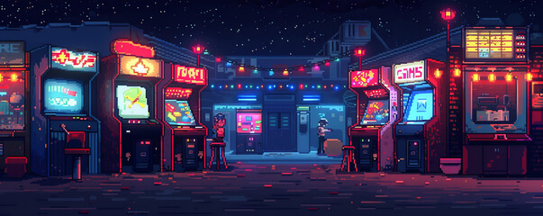 A pixel art rendition of a retro arcade scene, with pixelated characters playing pixelated games and pixelated lights flashing.