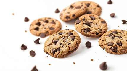 Collection of half chocolate chip cookies on white background
