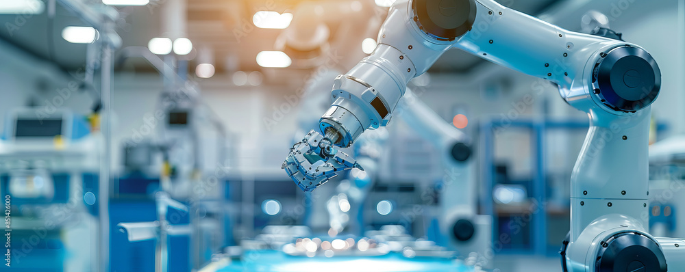Poster a robot assisting a surgeon in a complex operation, its precise movements and advanced technology sa