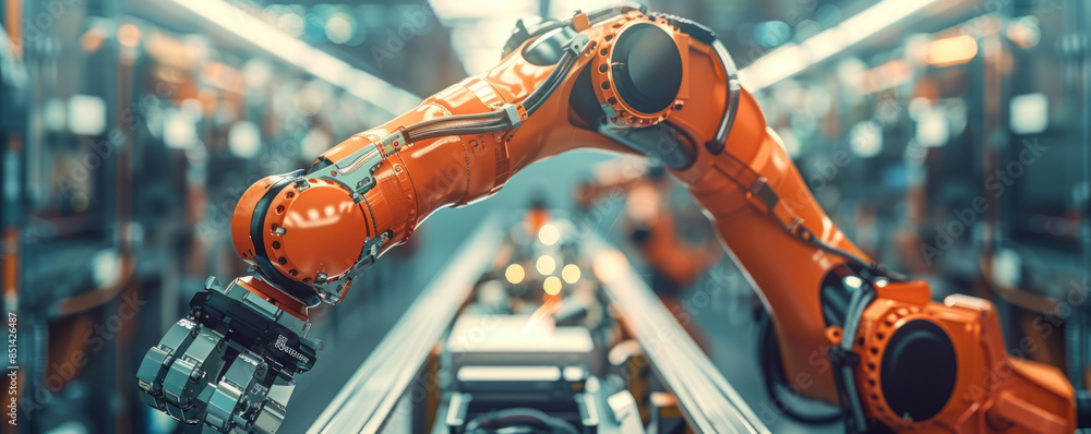 Poster a robot arm assembling a complex piece of machinery, its movements precise and efficient.