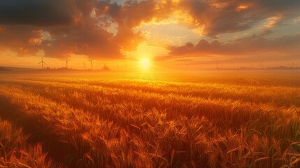 Obraz premium Wind Turbines and Wheat Field at Sunrise