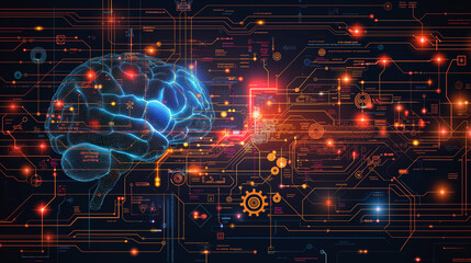 Obraz premium Geometric artificial brain with chip, gears and circuit board. Artificial intelligence concept. Editable vectors on layers.