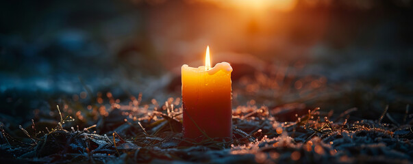 A single candle flickering in the darkness, its warm glow representing hope and resilience.
