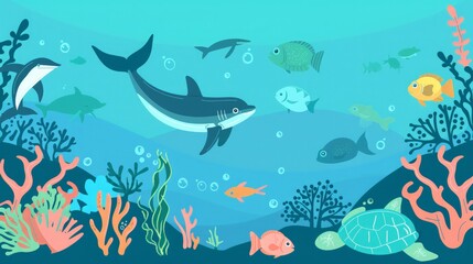Fototapeta premium Ocean Life Illustration with Colorful Fish and Coral Reef