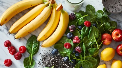 Vibrant Smoothie Ingredients on Marble Countertop: Fresh Bananas, Spinach, Berries, Almond Milk - Healthy and Colorful Nutrition Concept