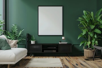 Green wall living room with white sofa, black TV stand, plants, light wood floor, white rug