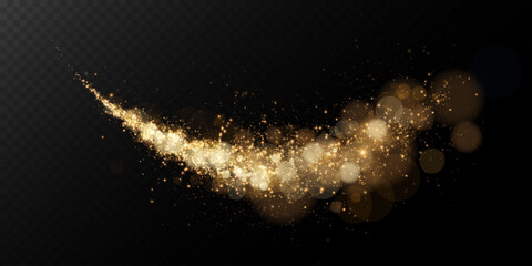 A luminous bokeh that gently shimmers with golden light. Light abstract glowing lights. Glowing bokeh effect isolated on dark background. Christmas background made of glowing dust.	