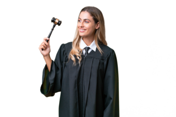 Judge Uruguayan woman over isolated background looking to the side and smiling