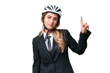 Business Uruguayan woman wearing a helmet biker over isolated background showing and lifting a finger in sign of the best