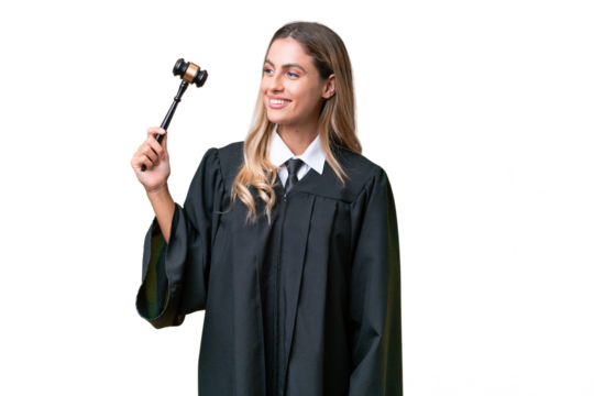 Judge Uruguayan woman over isolated background looking to the side and smiling