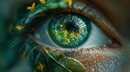 A mesmerizing close-up of a human eye with intricate floral details within the iris, blending elements of nature and humanity. The surreal and detailed style highlights themes of vision
